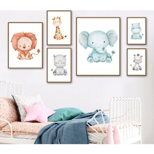 Cartoon Cute Lion Elephant Giraffe Hippo Zebra Wall Art Canvas Painting Nordic Posters And Prints Wall Pictures Kids Room Decor