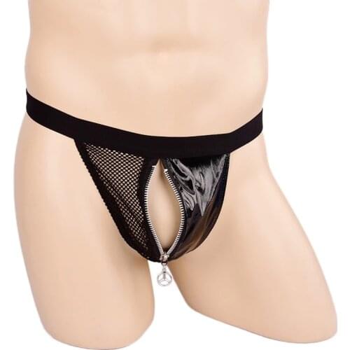 Zipper Open Pouch Panties Men Faux Leather Mesh Sexy Underwear Sissy Men Brief Fetish Stripper Erotic Lingerie Open Crotch Thong