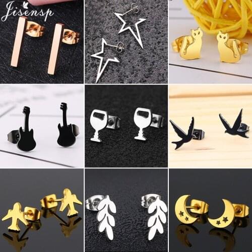 Multiple Small Stainless Steel Stud Earrings for Women Kids Punk Black Plane Star Bar Cup Cat Earings Fashion Jewelry Brincos