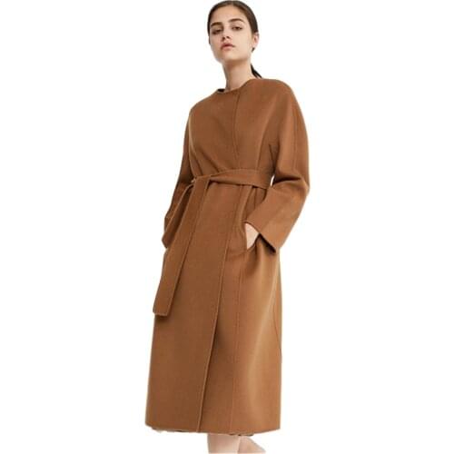 2020 New Winter Coat Womens Woolen Jacket With Sashes Casual Belt O-Neck Cashmere Blend Clothes Outerwear Overcoat Female