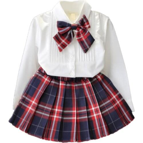 2021 New Spring Girl Sets Class Uniforms Kids Girls Bow T-shirt+Plaid Dress Children Clothing Princess Dresses 2pcs Set Suit