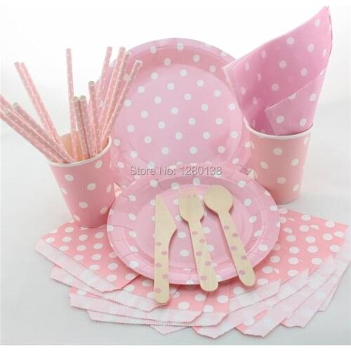 Disposable Kids Birthday Theme Tableware-Polka Dot Design Paper Plates Cups Straws Napkins Bags,Party Wooden Utensil