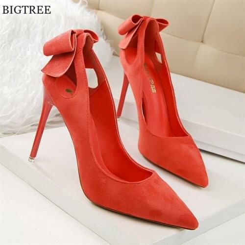 Size 34-40 Sexy Cut-Outs Sweet Bowtie Women Pumps New Arrival Concise Solid Flock Pointed Toe Shallow High Heels Shoes for Women