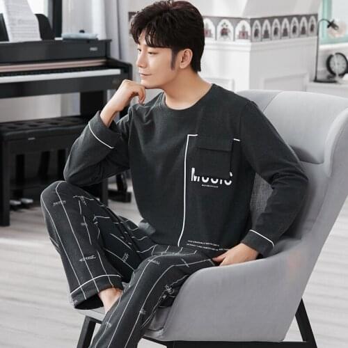 Casual Striped Full Cotton Pajama Sets for Men Long Sleeve&Pants Sleepwear Set Leisure Pyjama Male Homewear Lounge Wear Clothes