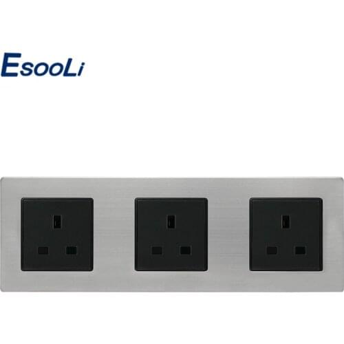 Esooli UK Standard Plug Socket Stainless Steel Panel Triple Wall Socket 16A Electrical Outlet Silver Black wall plug
