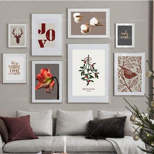 Merry Christmas Set-New Year Set-Winter, Deer, Pine, Cotton, Bird-Home Gallery Printed Poster