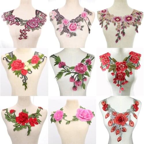 Pink Red Embroidery Organza Guipure Lace Neckline Collar Fabric DIY Floral Neckline Lace Sewing Accessories Applique