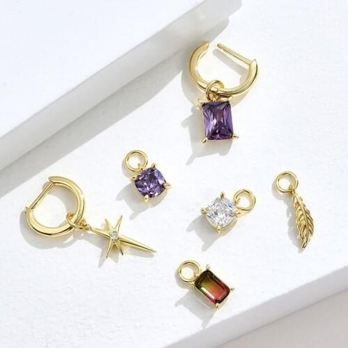 925 Sterling Silver Earring Fashion Feather Lightning Square Zircon Short Drop Earring Cute French Style Woman Girl Ear Jewelry