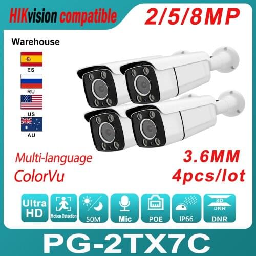 Hikvision Compatible IP Bullet Camera 4PCS 8MP PoE ColorVu Built-In Mic H.265 IR Distance 50M Motion Detection IP66 5MP