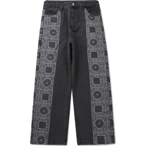 Hip Hop Patchwork Side Pattern Print Denim Jeans Casual Streetwear Harajuku Straight Pant Man Oversized Jogger Men Trousers 2020