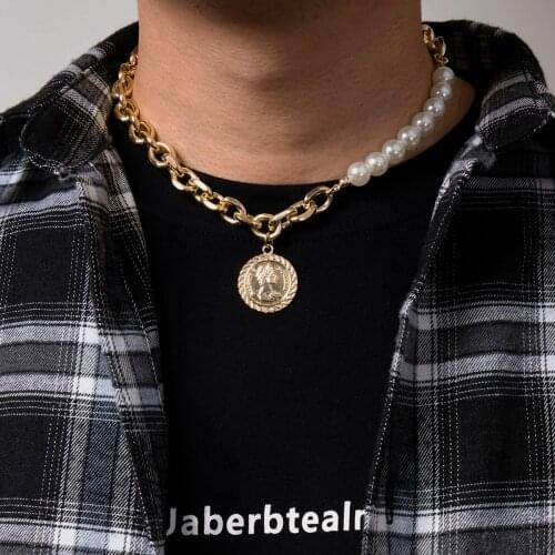 SHIXIN Vintage Asymmetric Pearl Thick Chain Choker Necklace Collar for Men/Women Fashion Coin Pendant Necklace 2021 Jewelry Gift