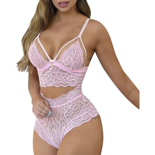 Womens Fashion Sexy Lace Erotic Underwear Bra Thong 2 piece Solid color embroidered Hollow out breathable lingerie set