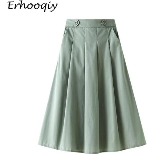 Green High Waist Midi Pleated Skirt Women Spring Summer 2021 New Korean Fashion Khaki All-Match School Knee-Length Skirts Female