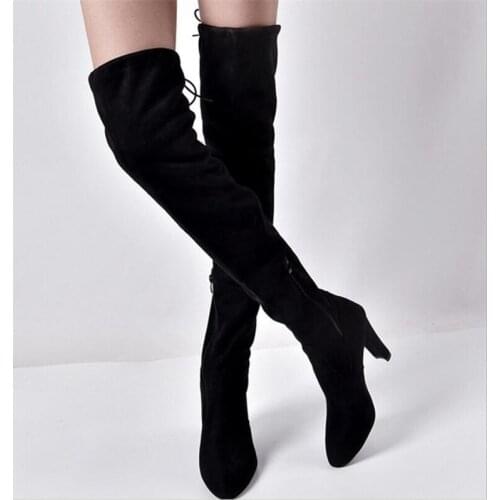 2019 new womens warm boots female pointed thick with side zipper over the knee black sexy boots elastic high boots 35-43