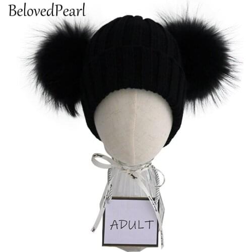 Adult Double Fur Pompon Winter Hats for Women Wool Blend Knitted Mens Hats and Caps