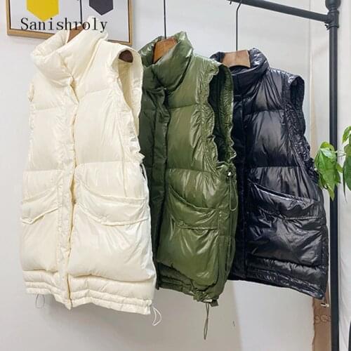 Sanishroly Women Sleeveless Waistcoat Autumn Winter Casual Drawstring White Duck Down Vest Female Short Thicken Jacket Tops 1005