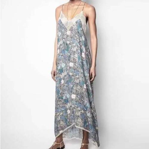 Women Summer Long Dress 2020 Flower Printed Viscose V-neck Stitching Lace Colorful Sleeveless Sexy Sling Midi Vintage Dresses