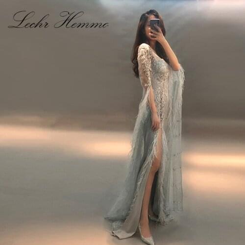 Elegant Gray Lace Evening Dress 2020 Long V Neck Feathers Formal Prom Dresses Turkey Robe De Soiree Women Party Gown Real Photo