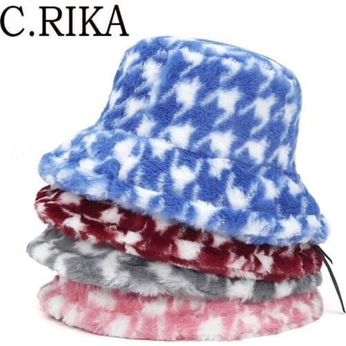 Winter Outdoor Faux Fur Rabbit Bucket Hat Women Girl Houndstooth Fisherman Hat Vacation Panama Thickened Soft Warm Fishing Cap