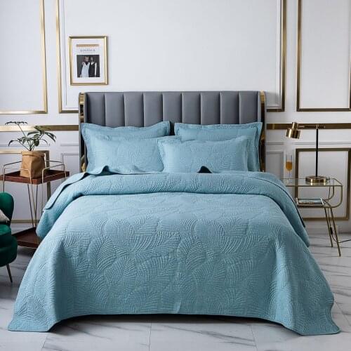 Blue Palm leaf embroidery Coverlet sets 3pcs pure cotton Quilt Luxury Lightweight Oversized bedspread 98"x106" Machine washable