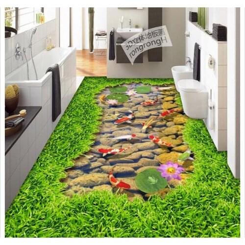 3d flooring Grass creek carp lotus 3D floor painting bathroom waterproof wallpaper 3d floor painting wallpaper