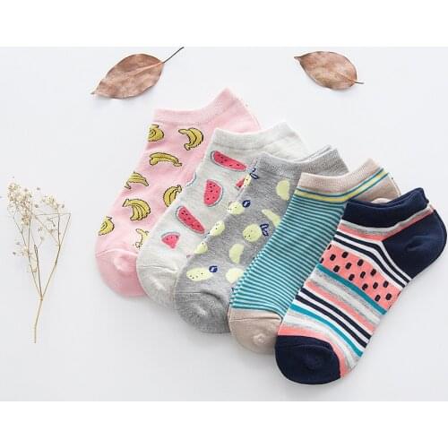 5 Pairs/Lot Funny Boat Socks Women Cotton Cute Kawaii Short Pattern Cartoon Fruits Banana Melon Pears Stripes Invisible Socks