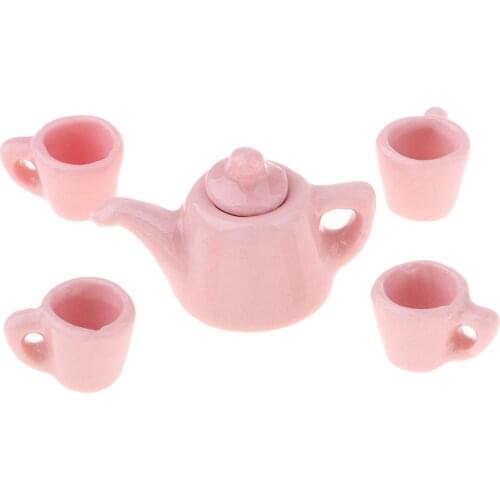 5Pcs 1/12 Dollhouse Miniature Dining Ware Porcelain Tea Set Pot Cups Pink