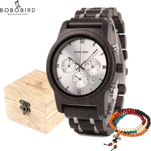 BOBO BIRD Wooden Men Watch Wooden Stainless Steel Date Quartz Chronograph Watches Luxury Mens Gift Timepieces relogio masculino