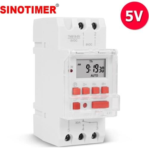 DC 5V 30A 5 PINS 1NO+1NC Digital Weekly Programmable 24 Hours Timer Switch with Sleep Mode and 12/24hrs Shift DIN RAIL Mounted
