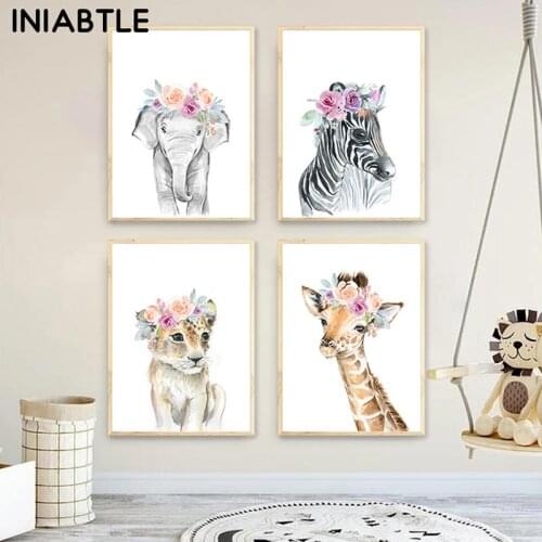 Flower Animal Lion Zebra Elephant Giraffe Posters Nursery Wall Art Prints Canvas Painting Child Pictures Kids Baby Bedroom Decor