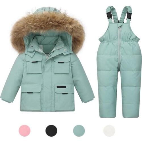 New Kids Down Jacket Suit Thicker Winter Coat with Fur Collar Baby Suspender Trousers Childrens Clothing for Girls Boys 1-6Y