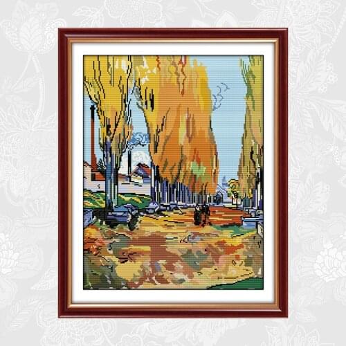 Van Gogh-Ariscamp, Avenue Arles Pattern Counted Cross Stitch Printed Canvas DIY Handmade DMC Embroidery Sets Cross Stitch Kits