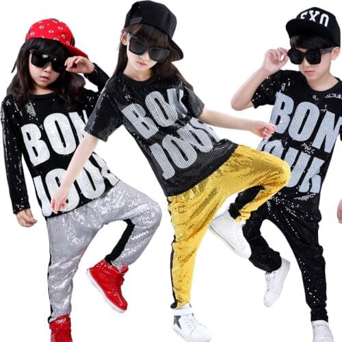 Girls Boys Sequins Modern Jazz Dance Outfits Tops Pants Ballroom Hip Hop Dancing Suit kids Jazz Stage wear Costumes Clothing