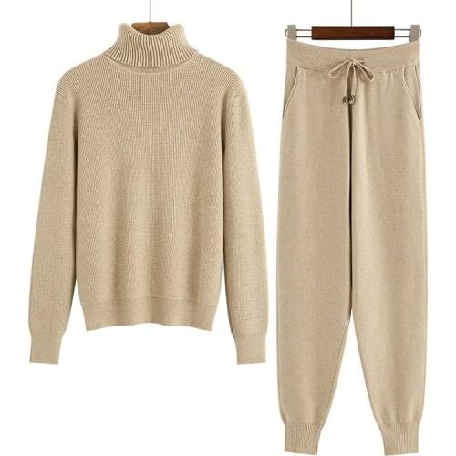 BYGOUBY Two Piece Set Women Tracksuits Thick Warm Women Turtleneck Sweater + Knitted Harem Pants Autumn Winter Clothes for women