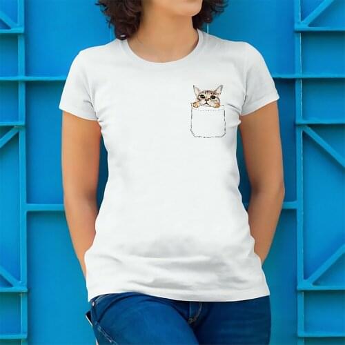 Cute cat in pocket funny t shirt femme jollypeach brand new white casual tshirt women no glue feeling print tee shirt