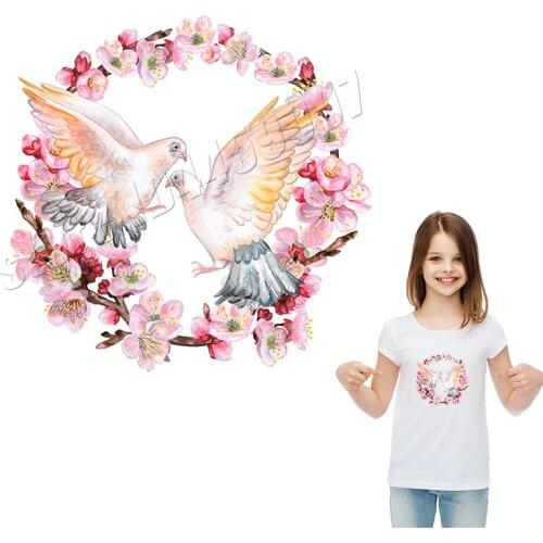 Pigeon Stickers Flowers Pink Sweet Decor Patches On T-Shirt For Girls Iron On Heat Transfer Parches Washable DIY Applique