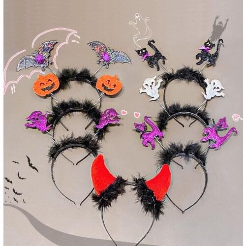 Creative Halloween Cat Ghost Pumpkin Chic Devil Horns Hair Hoop Metal Hairband Girl Cute Plush Cartoon Specter Hair Accessories