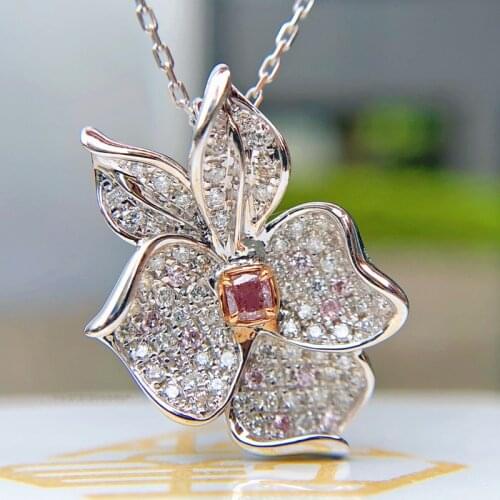 QTT Exaggerated Big Flower Cubic Zirconia Pendant Necklace 925 Silver Pink Crystal Temperament Pendant Necklace with Chian Charm