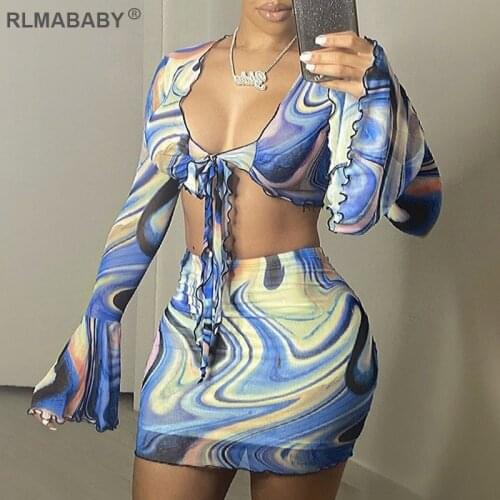 Sexy Tie Dye Print Mesh 2 Piece Set Women V Neck Flare Sleeve Bandage Tshirts And High Waist Skirts Casual Street Outfits Suit