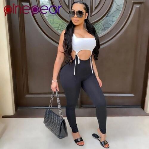 PinePear Hollow Out Drawstring Bandage Patchwork 2 Piece Sport Set Women Sportswear Fitness Clothing Yoga Jumpsuit Dropshipping