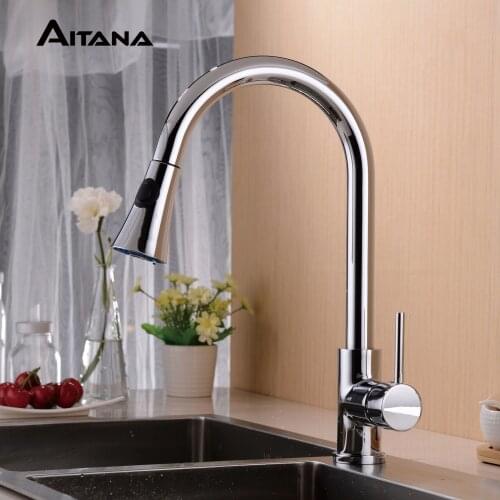 Simple all copper pull out kitchen faucet brass hot and cold dual mode kitchen sink faucet