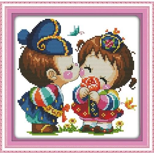 Joy Sunday Counted Cross Stitch First Love Cartoon Painting 14ct Stamped Printed 11ct Craft Embroidery Needlework Decoration Set