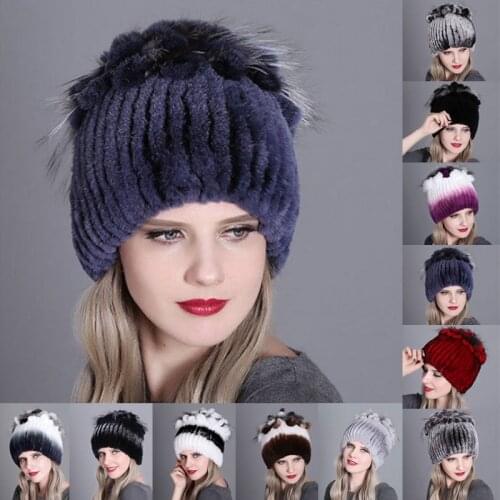 New Winter Russia Women Real Rabbit Fur Hats Knitted Striped Lady Genuine Rabbit Fur Beanies Hat Winter Warm Soft Caps 2021