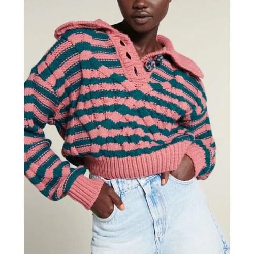 Xikom 2021 New Women Vintage Stripes Hook Flower Sweater female Sweet Knitted Female Turn-down Collar Chic Top