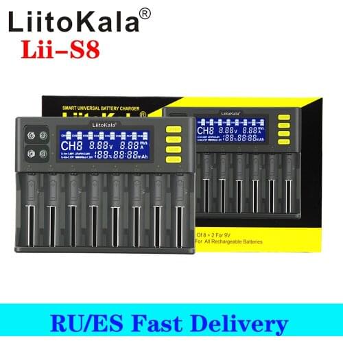 LiitoKala Lii-S8 8 Slots LCD Battery Charger for Li-ion LiFePO4 Ni-MH Ni-Cd 9V 21700 20700 26650 18650 RCR123 18700