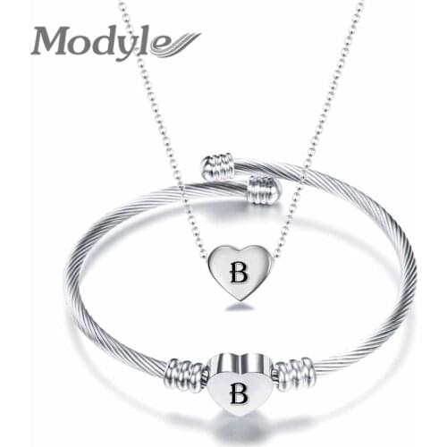Modyle Silver Color Letter Heart Necklace and Bracelet Jewelry Sets for Women Gift Stainless Steel Engagement Wedding Jewelry