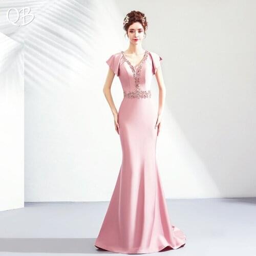 Pink Mermaid V-neck Crystal Beaded Sexy Long Formal Elegant Evening Dresses Bride Banquet Party Prom Dress XS26