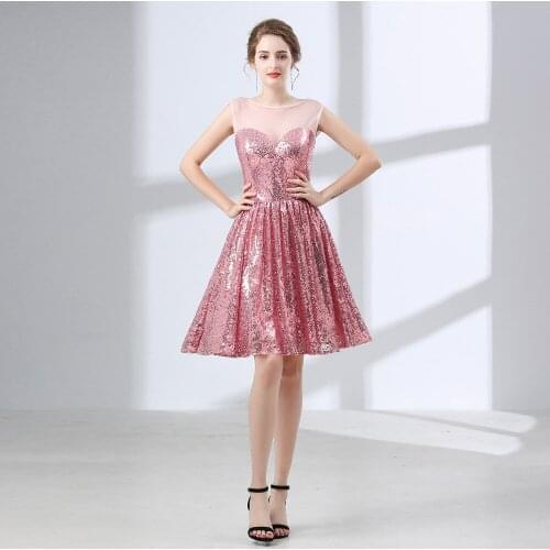 JaneVini Pink Sequined Bridemaid Dress Short Sexy 2018 Elegant A Line Formal Wedding Party Dress Robe Rose Demoiselle D'honneur