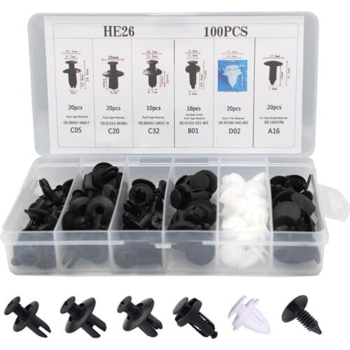 100pcs 6 Sizes Mixed Auto Fastener Car Bumper Clips Body Push Retainer Pin Rivet Door Trim Panel Retainer Universal Fastener Kit