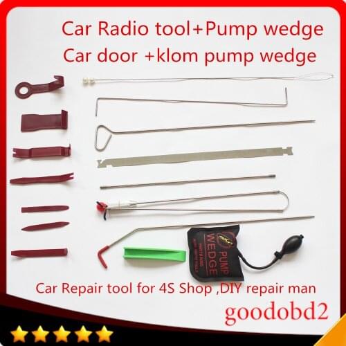 15pcs/set Car Hooks Car Radio door Panel Crowbar Tool Spring Steel Rods Pry Clip Tools Car Repair Tool Kit + Car pump wedge